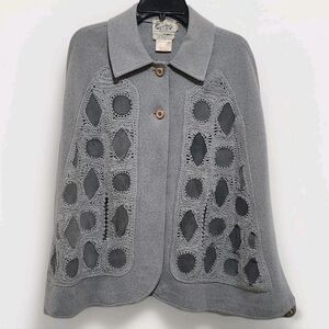 Vtg 60s Coltalia Women's 8 Wool Blend Cape Leather Patches Crocheted In Gray